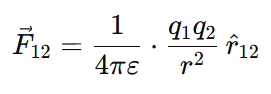 Mathematical expression of Coulomb’s Law in vector form showing the electrostatic force between two point charges q1 and q2 separated by a distance r in a medium with permittivity epsilon.