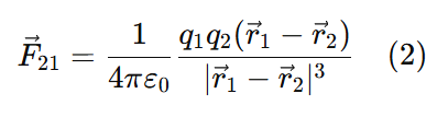 Equation showing Coulomb’s law after substituting r̂21, where F21 = (1 / 4πε0) × (q1q2 (r1 − r2)) / |r1 − r2|³.