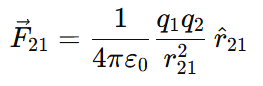 Vector form of Coulomb’s law for force on q1 due to q2, given by F21 = (1 / 4πε0) × (q1q2 / r21²) × r̂21.