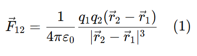 quation showing Coulomb’s law after substituting r̂12, where F12 = (1 / 4πε0) × (q1q2 (r2 − r1)) / |r2 − r1|³.