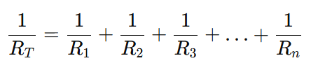 resistance formula for resistaances connected in parallel- 1/Rt=1/R1+1/R2+1/R3+,,,+1/Rn