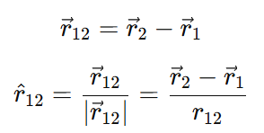 Diagram showing two charges q1 and q2 with force F12 along AB and position vectors r1 and r2, where r12 = r2 − r1 and r̂12 = r12 / |r12|.