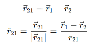 Diagram showing force F21 acting along BA when charge q2 exerts a force on q1, with position vectors r1 and r2, where r21 = r1 − r2 and r̂21 = r21 / |r21|.