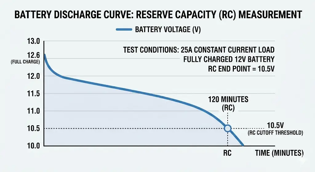 Technical graph illustrating how a battery's Reserve Capacity is measured, showing a voltage discharge curve dropping to a 10.5V cutoff threshold under a constant 25-amp load."