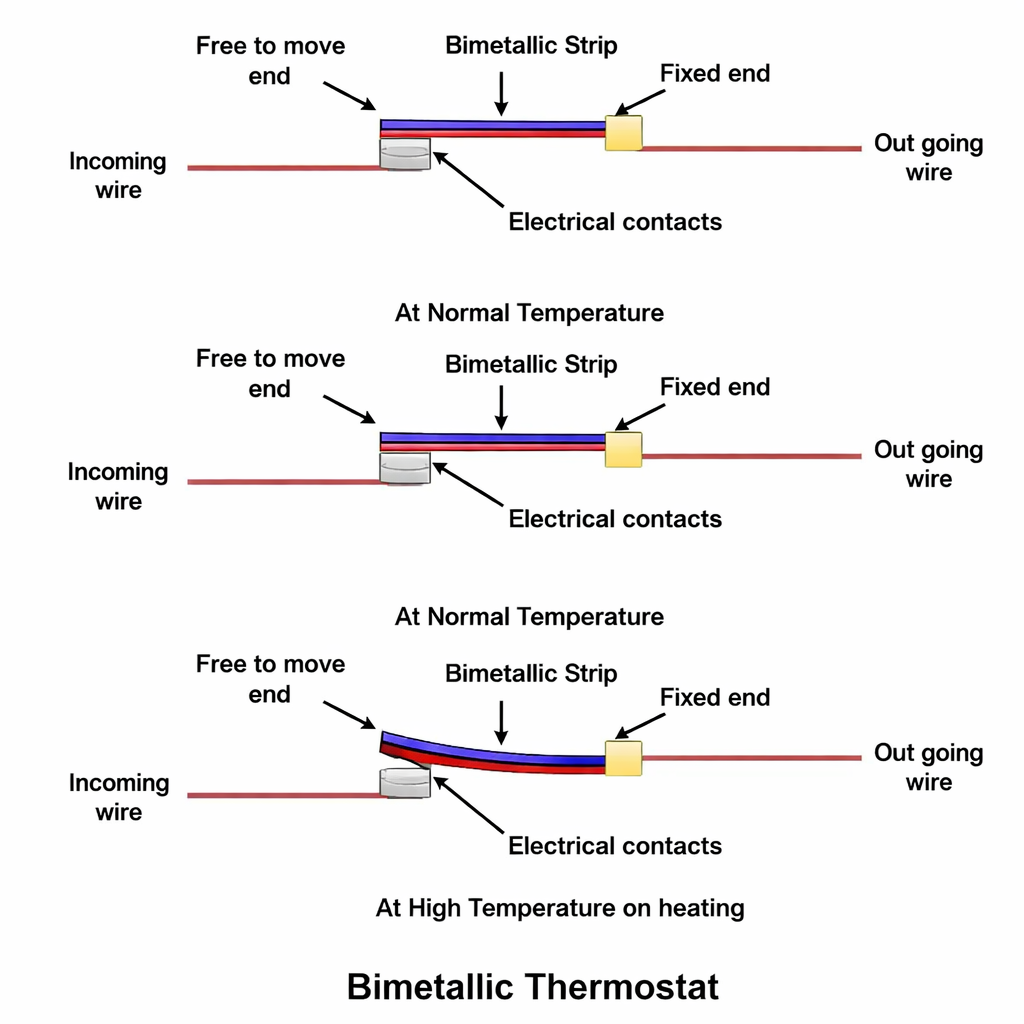 bimetal thermostat- strip bending at temperature rise