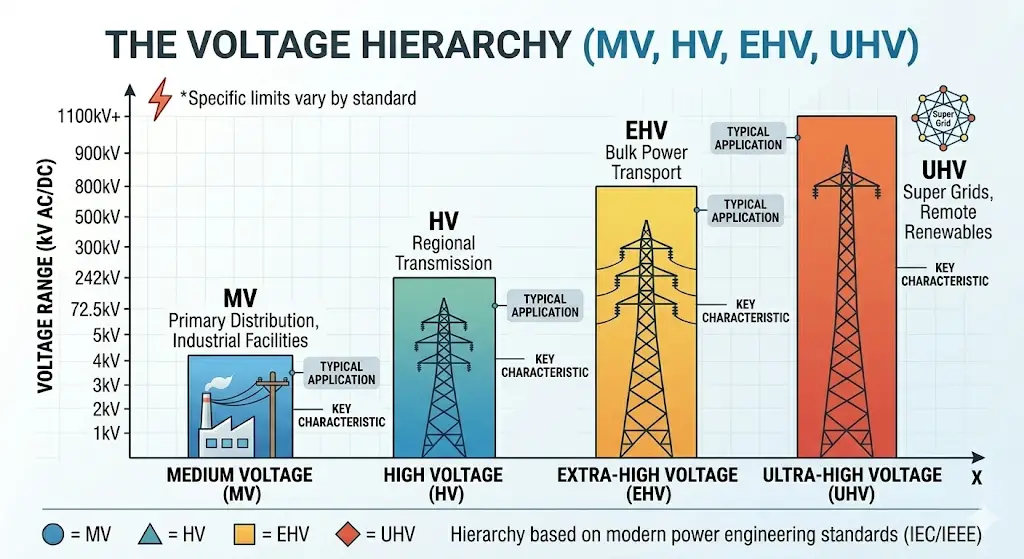 Voltage hierarchy chart showing ranges for Medium Voltage (MV), High Voltage (HV), Extra-High Voltage (EHV), and Ultra-High Voltage (UHV) with power engineering applications.