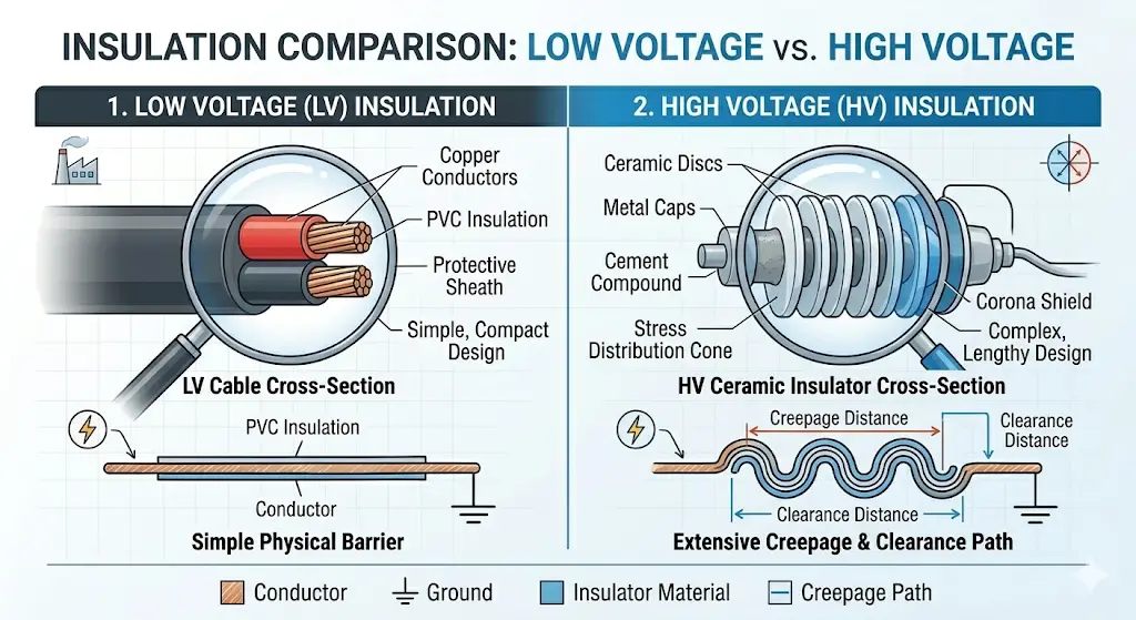 Comparison of LV PVC cable cross-section vs. HV ceramic insulator string with corona shield and creepage distance labels.