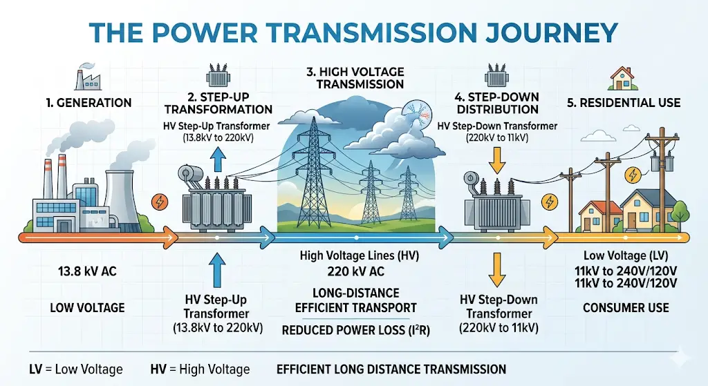 The journey of electricity from power generation through High Voltage (HV) transmission lines to Low Voltage (LV) distribution.