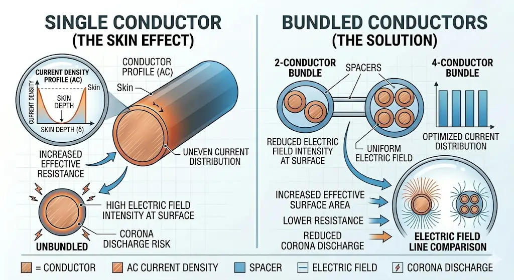 Diagram explaining the skin effect in AC conductors and the solution using 2-conductor and 4-conductor bundles to reduce corona discharge and improve current distribution.