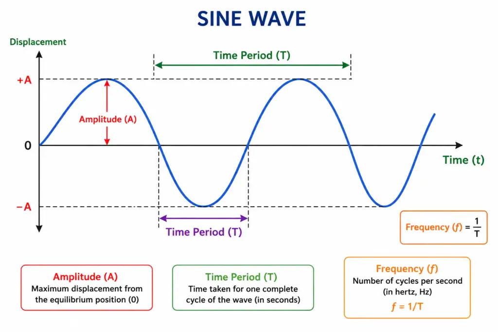 sine wave diagram showing amplitude, time period (T), and frequency (f) labeled on a blue sine wave graph with displacement and time axes.