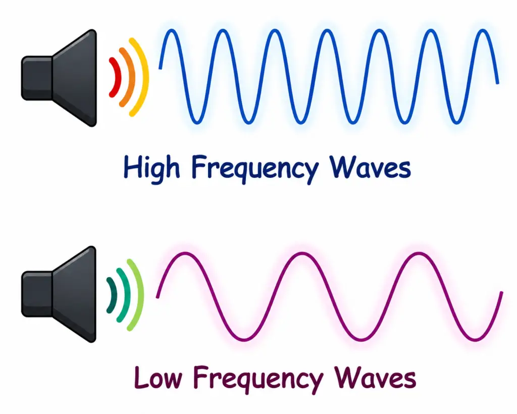 infographic showing high-frequency and low-frequency sound waves from speakers.