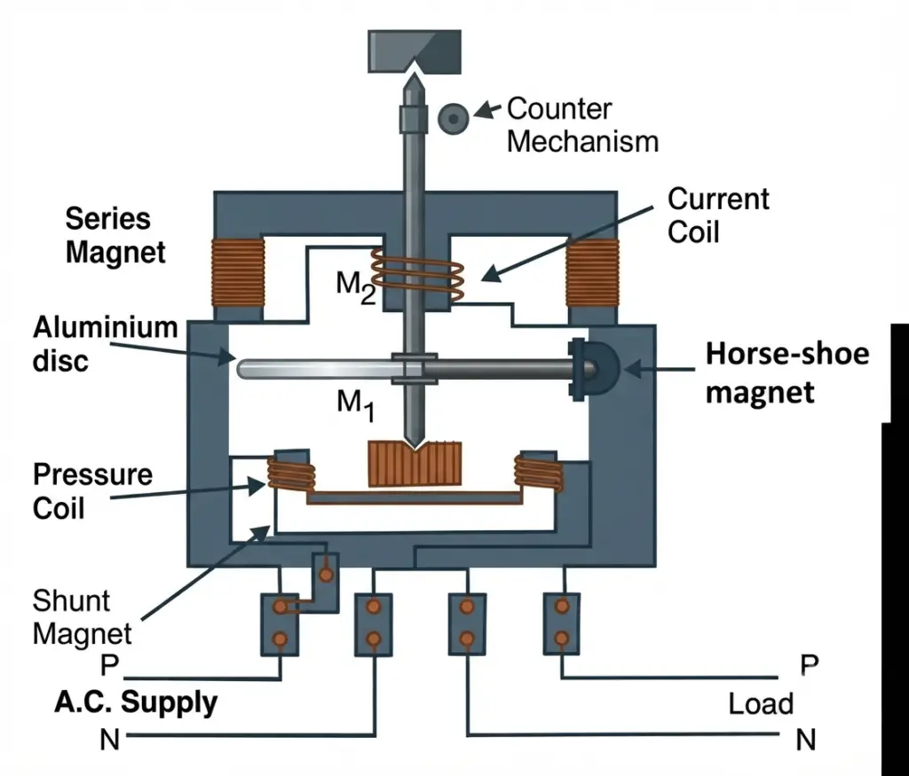 Construction of electromechanical type Single Phase Energy Meter