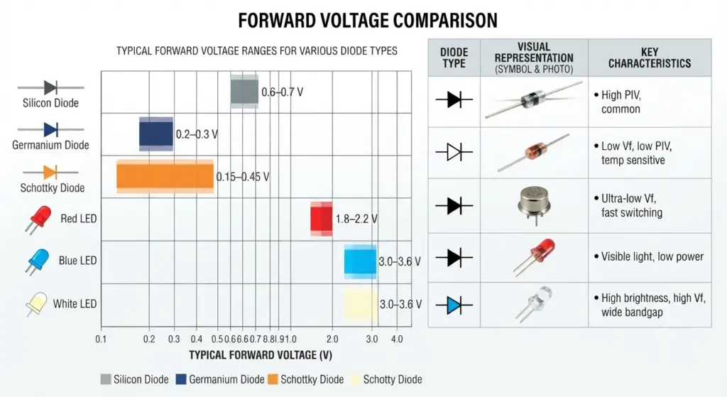chart showing turn on voltage of various diodes